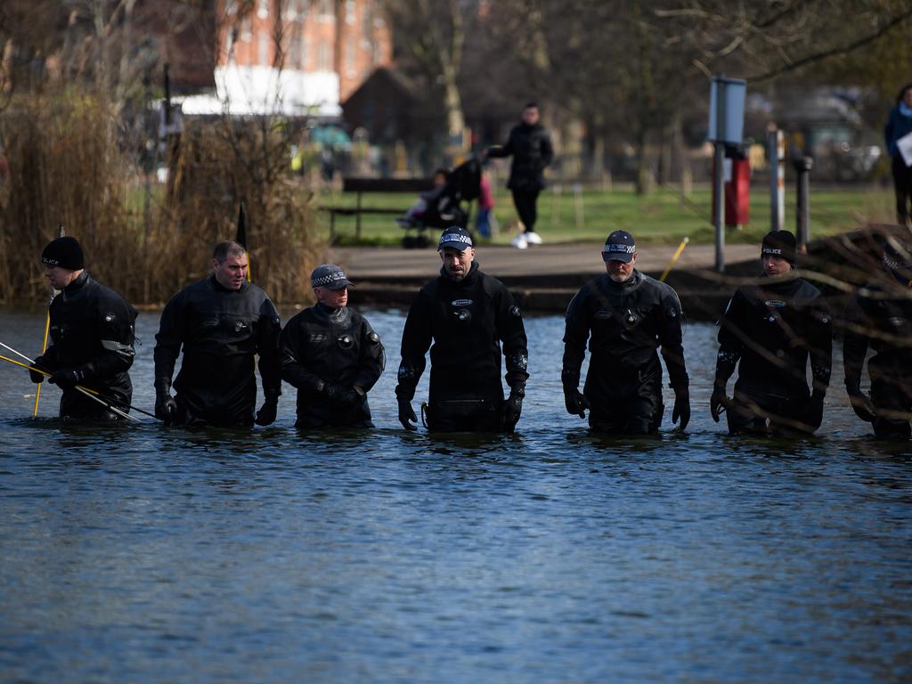 Police search teams work their way through Mount Pond on Clapham Common as the hunt for missing woman Sarah Everard enters its fifth day. Picture: Leon Neal/Getty Images