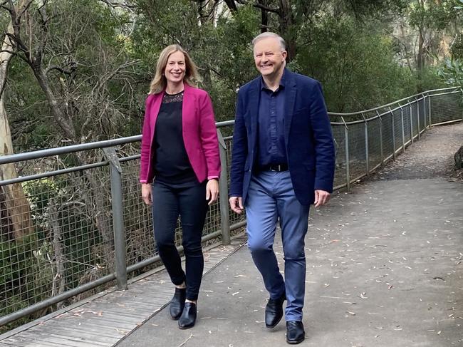 Tasmanian Labor leader Rebecca White and Federal Labor leader Anthony Albanese in Launceston. Photo: Rosemary Murphy