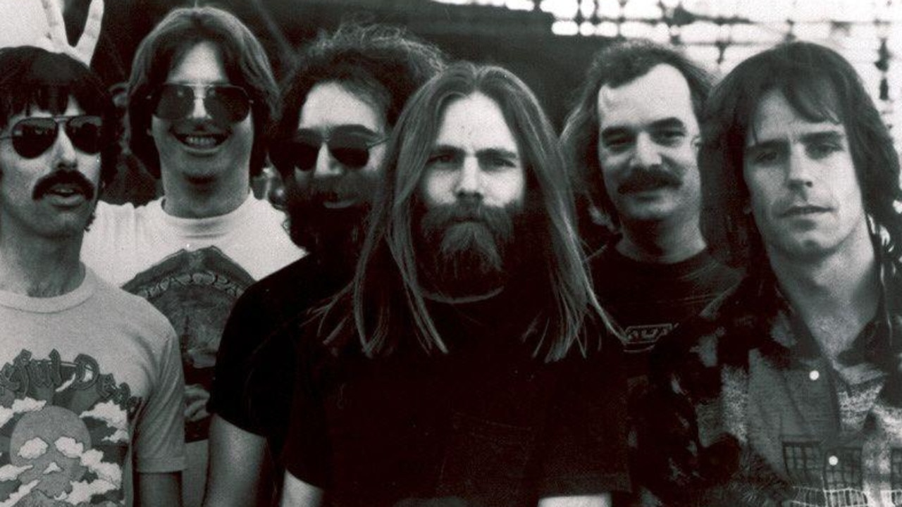 The Grateful Dead, L-R: Mickey Hart with Phil Lesh, Jerry Garcia, Brent Mydland, Bill Kreutzmann and Bob Weir.