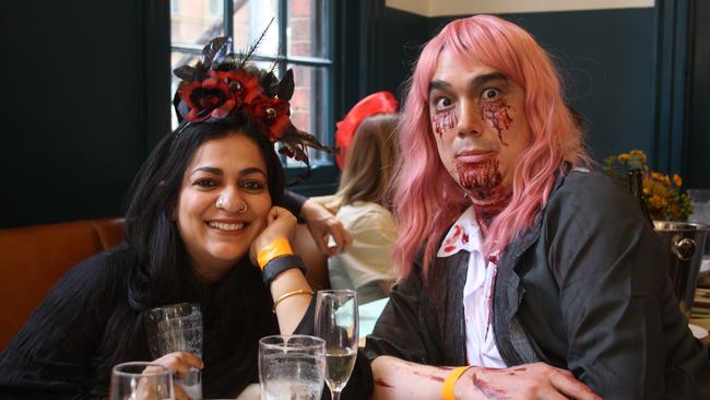 (L-R) Rakhi and friend John at The Edi' Castle for the Melbourne Cup. Halloween's over, John! Picture: Alexi Demetriadi