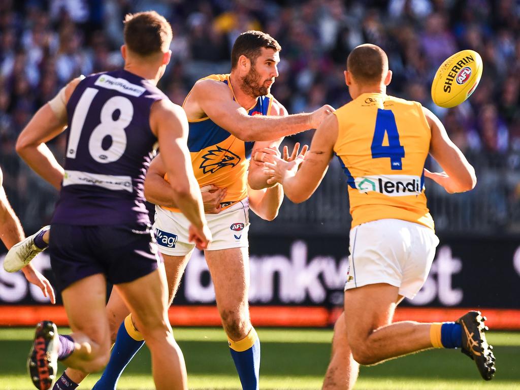There is no clear-cut solution yet to emerge in Jack Darling’s case, given his medical reasons for vaccination hesitancy. West Coast’s first game for 2022 is scheduled for March 20. Picture: Daniel Carson/AFL Photos
