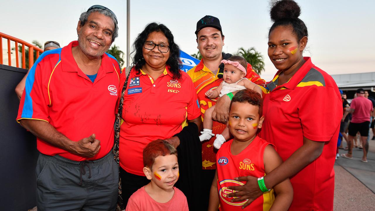 Charles May, Sheena May, Jordan Edwards, Siennna Edwards, Keelan Edwards and Elli Namaibai at the Gold Coast Suns match vs Western Bulldogs at TIO Stadium. Pic: Pema Tamang Pakhrin