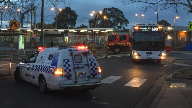 Police and emergency services at Croydon railway station this morning, where a 61-year-old woman was hit by a bus and later died from her injuries. Picture: NATHAN HILL