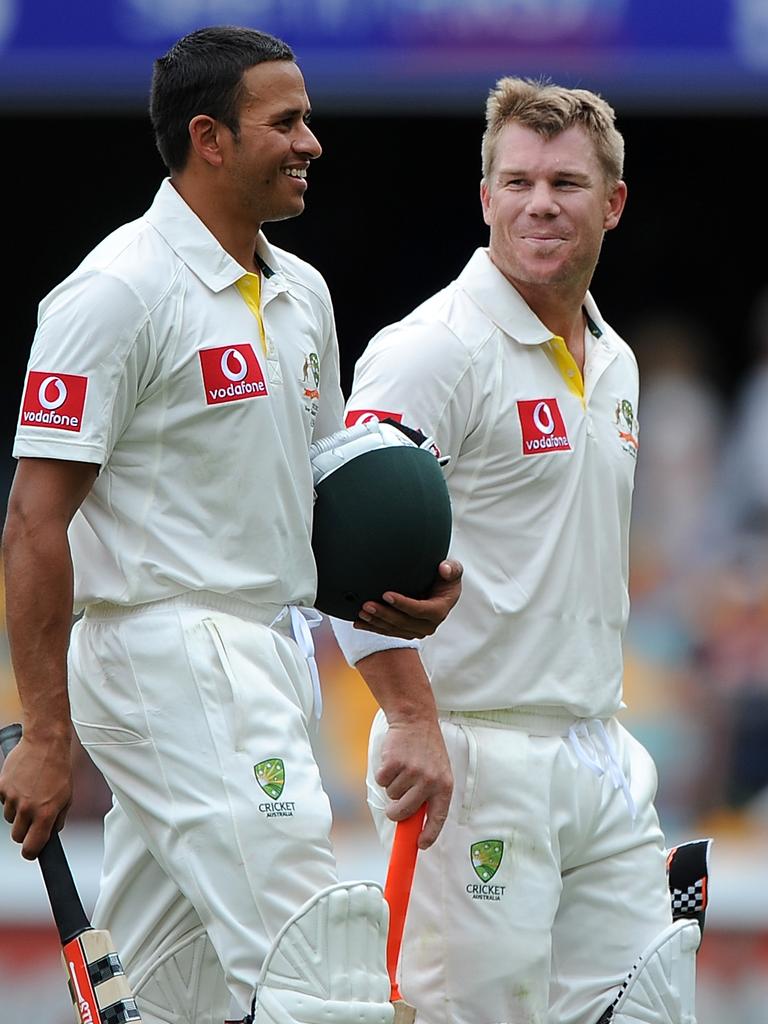 Usman Khawaja and David Warner at the Gabba in the latter’s Test debut. Picture: Matt Roberts/Getty Images