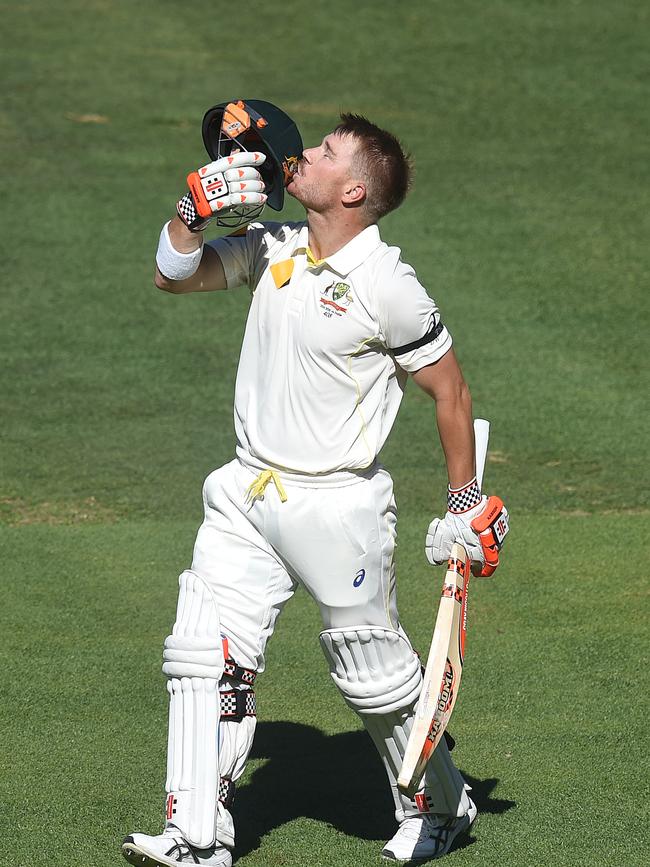 David Warner celebrates his second century of the Adelaide Oval Test. Picture: Dave Hunt/AAP Image