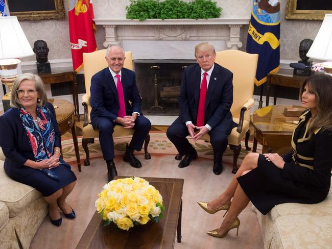 Lucy Turnbull, Malcolm Turnbull, Donald Trump and Melania Trump meet in the Oval Office as the media looks on. Picture: AFP/Saul Loeb