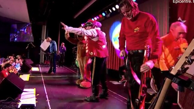 A still showing Greg Page (right) collapse at the Wiggles bushfire concert on January 17, 2020. Picture: Epicentre