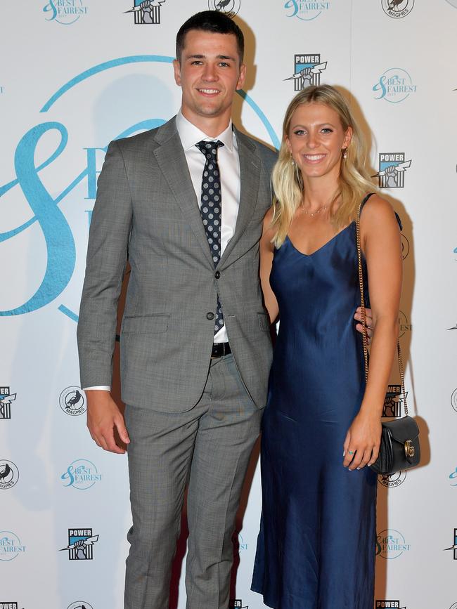 Ryan Burton and Brie Abernethy on the red carpet at Port Adelaide’s Best and Fairest awards night at the Adelaide Convention Centre in 2019. Picture: Mark Brake