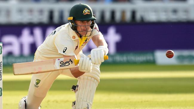 Marnus Labuschagne plays a shot during play on the fifth day of the second Ashes cricket Test.