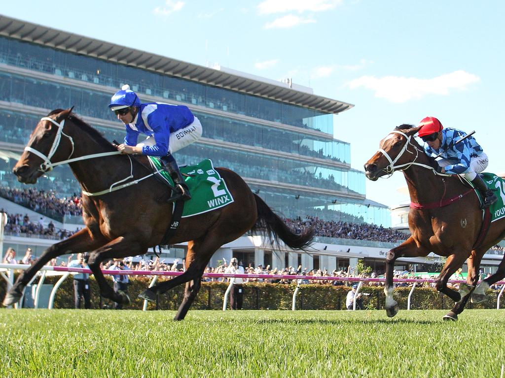 Youngstar (right) follows Winx home in the Turnbull Stakes at Flemington a month ago. (Photo by Scott Barbour/Getty Images)