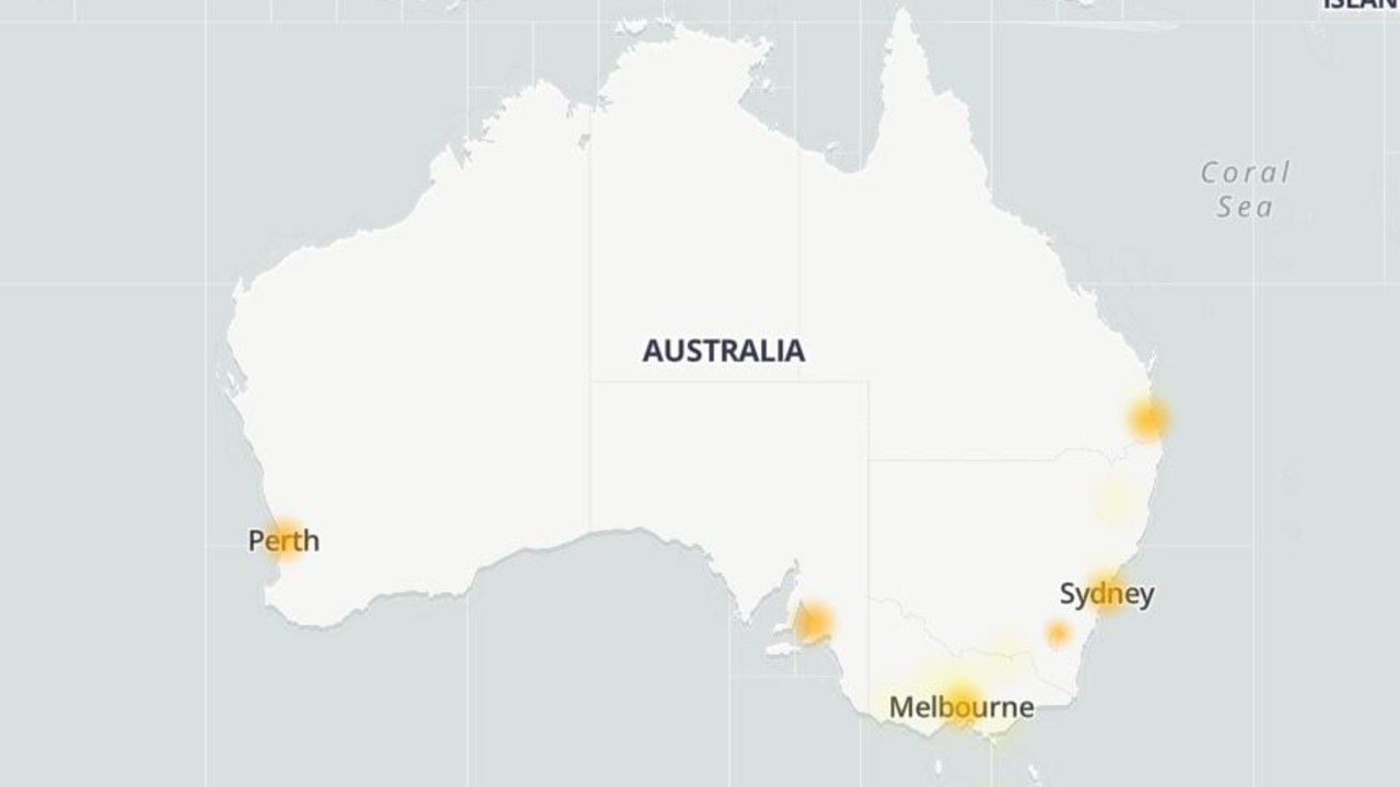 DownDetector's heat map of affected areas in Australia. Picture: Supplied