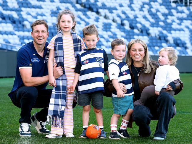 Geelong Cat Mitch Duncan with wife Demi and children Scarlet, 7, Ollie, 5, Archie, 3, and Parker, one, ahead of his 300th AFL game. Picture: Alison Wynd