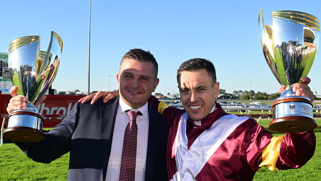 Supplied Editorial Ryan Maloney wins his first Queensland Group 1 aboard the Peter and
 Paul Snowden trained Huetor in the Doomben Cup. Picture: Grant Peters -
 Trackside Photography