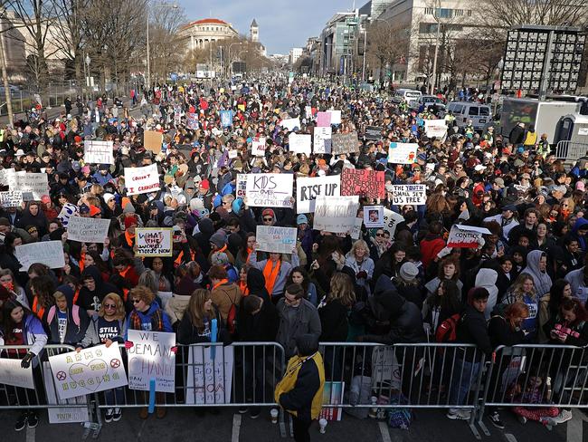 Students, teachers and relatives of people killed in mass shootings are gathered in Washington for the anti-gun violence rally organised by survivors of the Marjory Stoneman Douglas High School school shooting. Picture: Chip Somodevilla/Getty Images/AFP