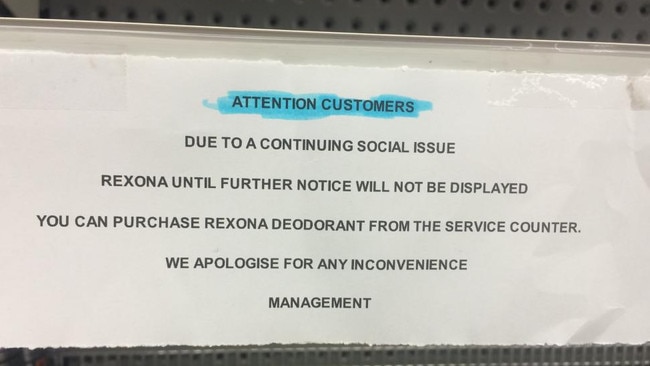 A sign alerting customers that Rexona deodorant has been removed from the shelves.