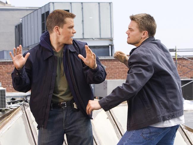 Raw energy ... Matt Damon and Leonardo Di Caprio square up in scene from film "The Departed".