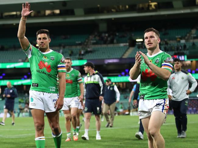 SYDNEY, AUSTRALIA - OCTOBER 09:  Joseph Tapine of the Raiders thanks the crowd after winning the NRL Semi Final match between the Sydney Roosters and the Canberra Raiders at the Sydney Cricket Ground on October 09, 2020 in Sydney, Australia. (Photo by Cameron Spencer/Getty Images)