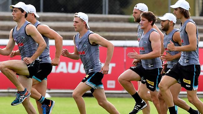 Jarman Imprey, second from right, trains with his teammates at Port Adelaide’s closed session. Picture: Mark Brake