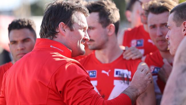 North Adelaide coach Jacob Surjan addresses his players against West Adelaide on Saturday. Picture: SANFL Image / David Mariuz