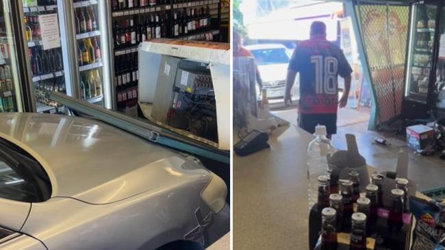 ‘For f–ks sake’: Watch carnage as driver smashes into bottle shop