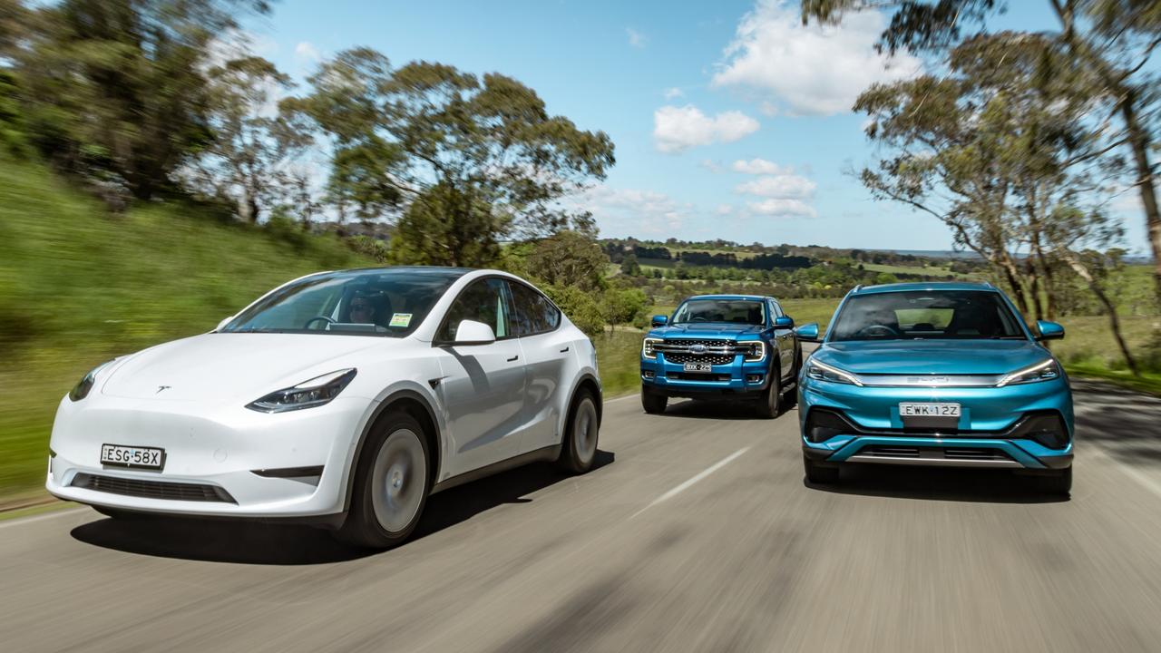 The Tesla Model Y, Ford Ranger (centre) and BYD Atto 3 (right) were the top three cars. Picture: Thomas Wielecki