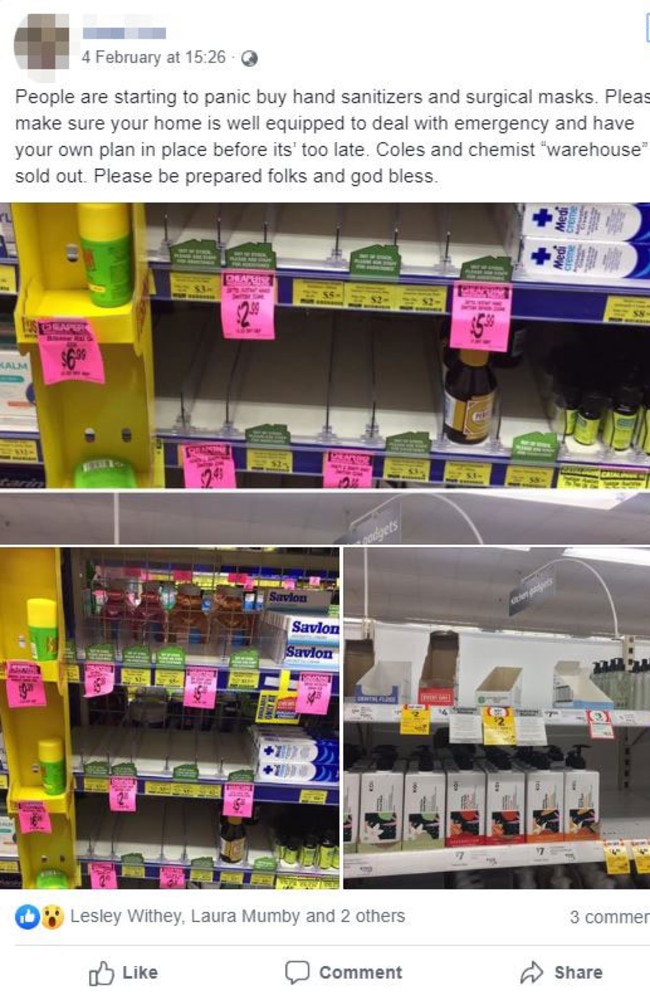 Hand sanitiser has been stripped from supermarket shelves across Australia. Picture: Facebook