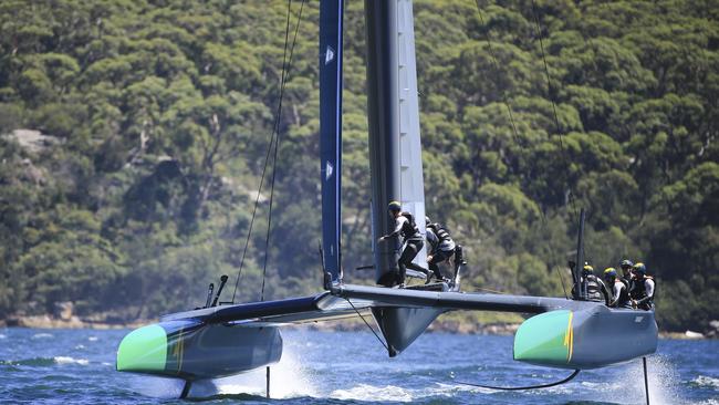 The Australian team sailing through the course on Sydney Harbour. Picture: Dylan Robinson