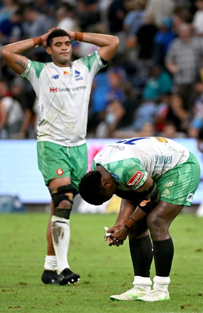 Drua players react after being beaten by New South Wales Waratahs. Picture: SAEED KHAN / AFP