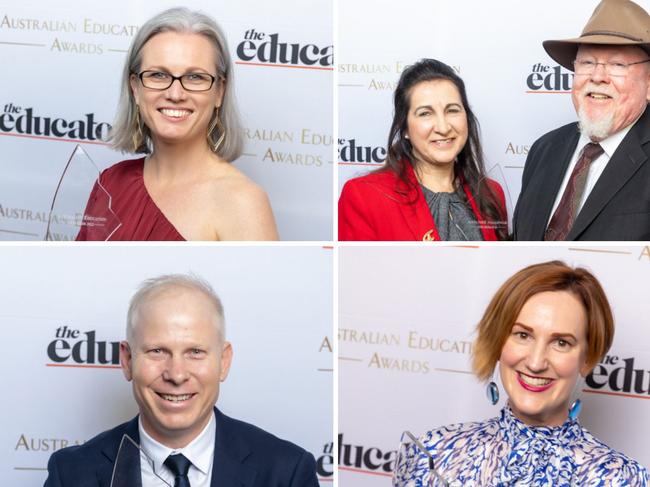 Members from the winning schools at the 2022 Australian Education Awards held in Sydney: (clockwise from left) Fiona Johnston, St Hilda's Anglican School for Girls, Joe Wright, Fraser Coast Anglican College, Kylie Stienhardt, Marsden State High School, Logan Queensland, and Franca Dillon & Shane Doherty, Bunbury Primary School. Pictures: Australian Education Awards