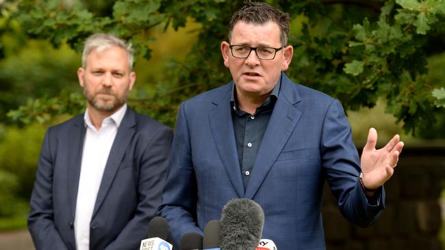 Victorian Premier Daniel Andrews and chief health officer Brett Sutton at a daily Covid press conference. Picture: Andrew Henshaw