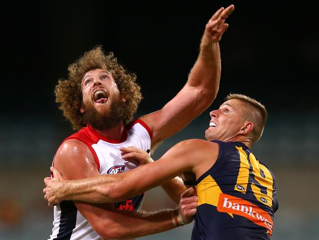 Jake Spencer in the ruck against Nathan Vardy. Picture: Paul Kane/Getty Images