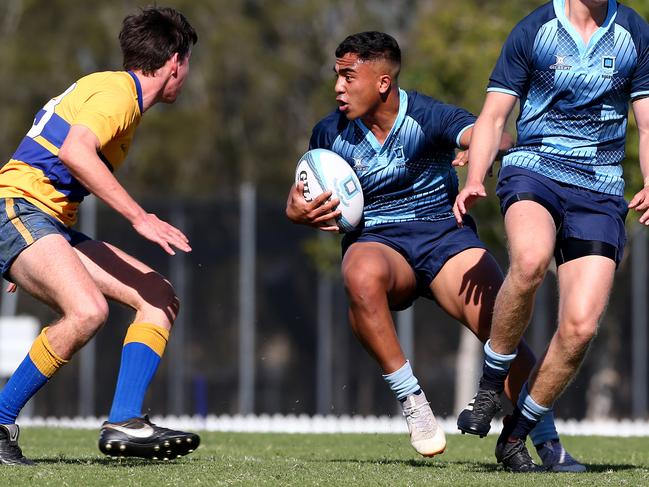 Pre season trial match between Brisbane  Grammar School (blue) Vs Toowoomba Grammar School (blue and gold) - Connor TeKani for BGS, Nudgee 13th July 2019 Picture AAP/David Clark