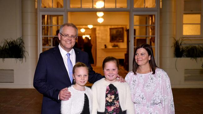 Prime Minister Scott Morrison with wife Jenny and daughters Lily and Abbey after a swearing in ceremony at Government House in Canberra. Photo: AAP/Mick Tsikas