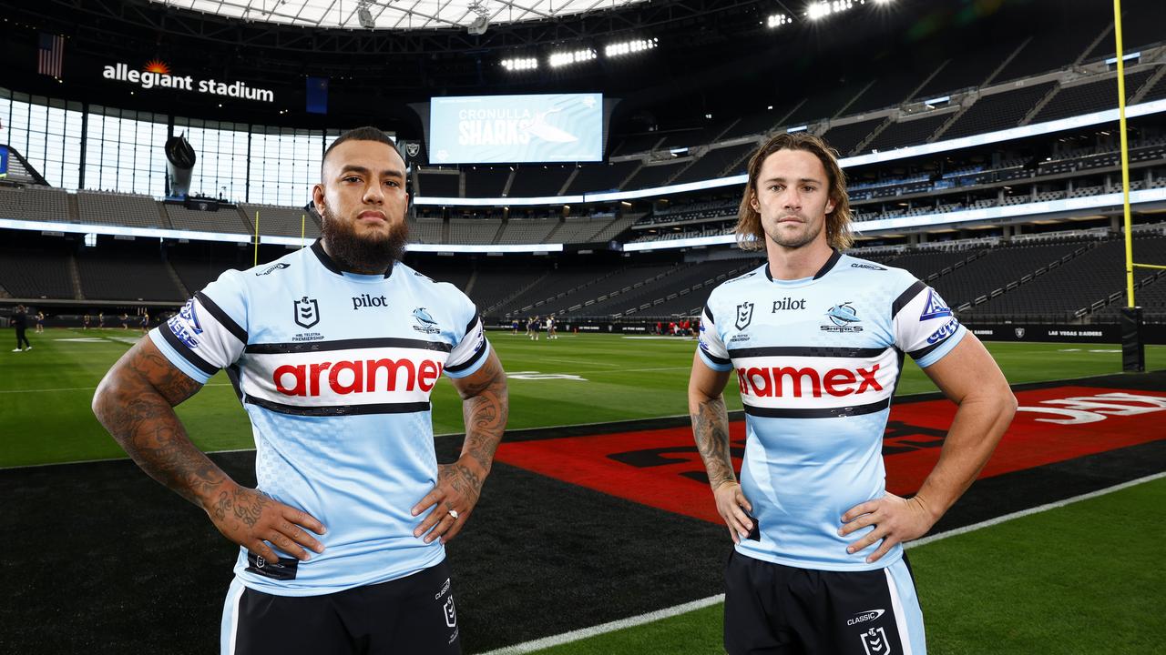 Cronulla Sharks Addin Fonua-Blake and Nicho Hynes at Allegiant Stadium in Las Vegas. Picture: Jonathan Ng