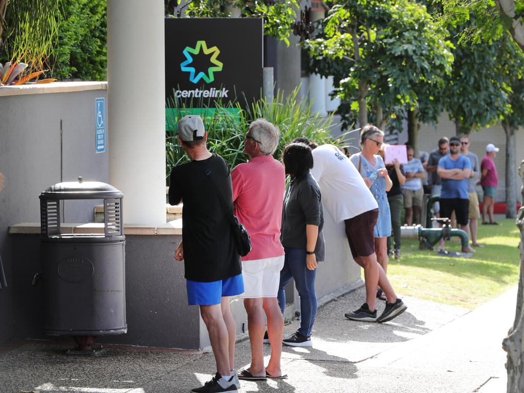 The queue outside the Southport Centrelink as people try to register for JobKeeper. Picture Glenn Hampson