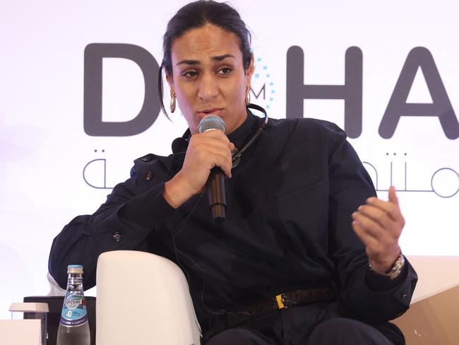 Algerian gold medallist boxer Imane Khelif speaks during the Doha Forum in the Qatari capital in 2024. Picture: Karim Jaafar / AFP
