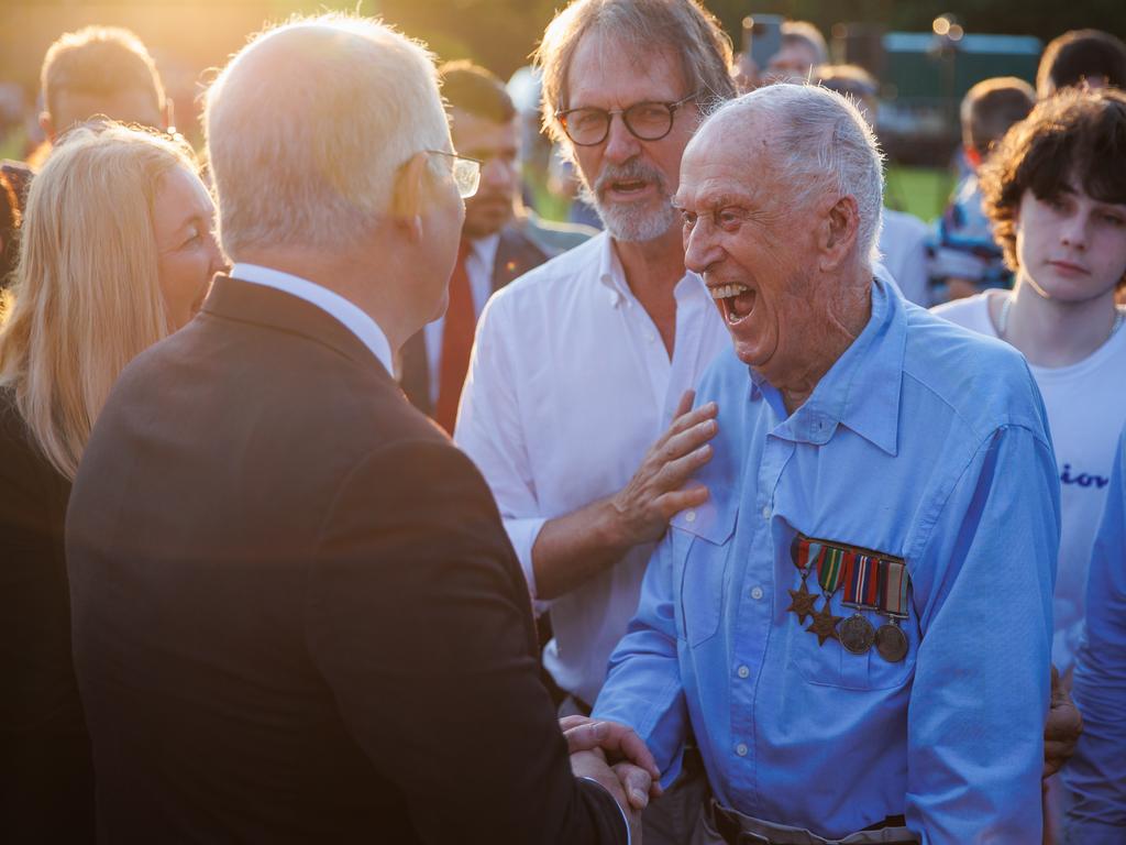 Scott Morrison meets Colin Heard, who turns 98 in three weeks and is Darwin’s oldest veteran. Picture: Jason Edwards