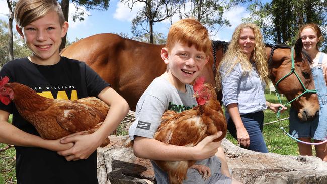 Elizabeth Galbraith who educates her three children at their acreage property in Sheldon – Rebekah, 13, James 10, and Patrick, 7. Picture: Liam Kidston