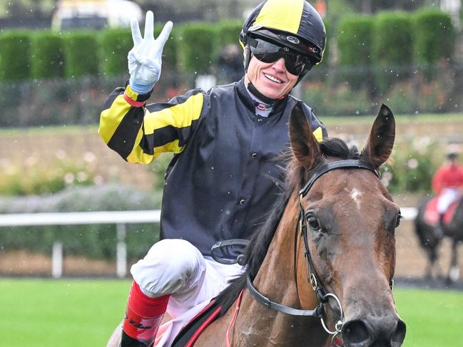 Craig Williams returns to the mounting yard on Fickle after winning the Tour Edge Handicap Fillies and Mares BM70 Handicap at Moonee Valley Racecourse on December 28, 2024 in Moonee Ponds, Australia. (Photo by Reg Ryan/Racing Photos via Getty Images)