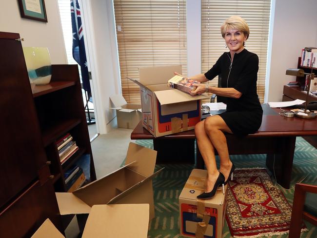 Julie Bishop in her office for the final time before leaving at Parliament House in Canberra. Picture: Kym Smith