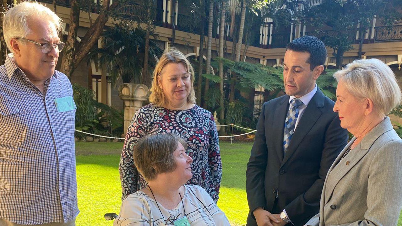 Patricia Clayton speaking with shadow health spokeswoman Ros Bates and Opposition Leader David Crisafulli.