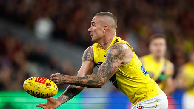 MELBOURNE, AUSTRALIA - MAY 20: Dustin Martin of the Tigers in action during the 2023 AFL Round 10 match between the Essendon Bombers and the Richmond Tigers at the Melbourne Cricket Ground on May 20, 2023 in Melbourne, Australia. (Photo by Dylan Burns/AFL Photos via Getty Images)