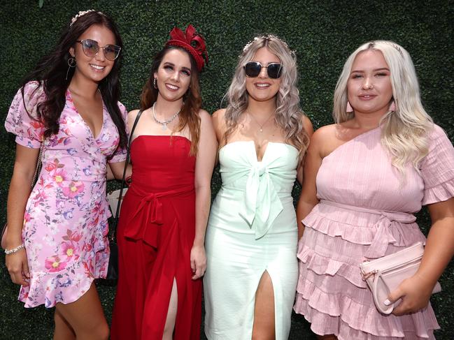 Riarne Marwood, Jenni Smiley, Teal Ledger and Telina O’Brien attend Melbourne Cup Day at The Gold Coast Turf Club. Photograph: Jason O’Brien.