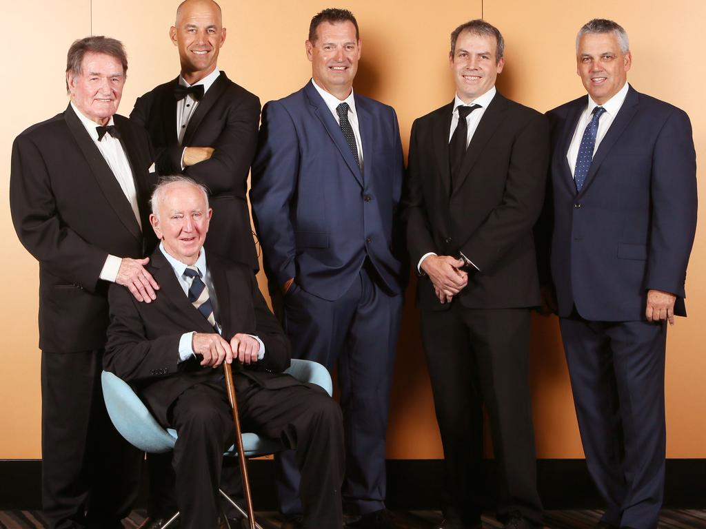 AFL Team Port Adelaide Hall of Fame inductees L to R Geof Motley, Neville Hayes (in chair) Warren Tredrea, Paul Northeast and Mark Clayton (Son of Bob Clayton – Mark accepted on his behalf as Bob has passed) and Mark Williams.