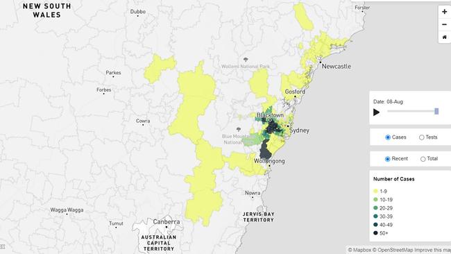 Map showing the extent of the virus spread in NSW. Picture: NSW Health