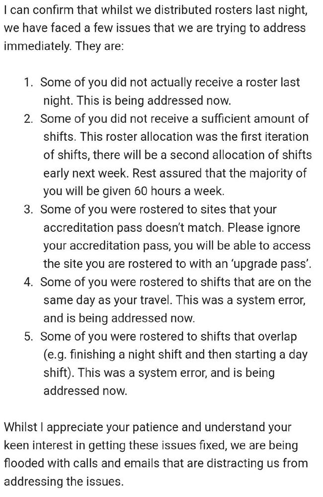 An email explaining the rostering shambles. Picture: Supplied