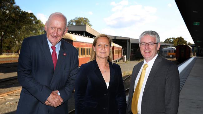 Former Deputy Prime Minister Tim Fischer, Wollondilly Mayor Judy Hannan and Transport Heritage NSW Chef Executive Officer Andrew Moritz at Wollondilly Council’s Trax to the Future Rail Symposium last week. Picture: Angelo Velardo