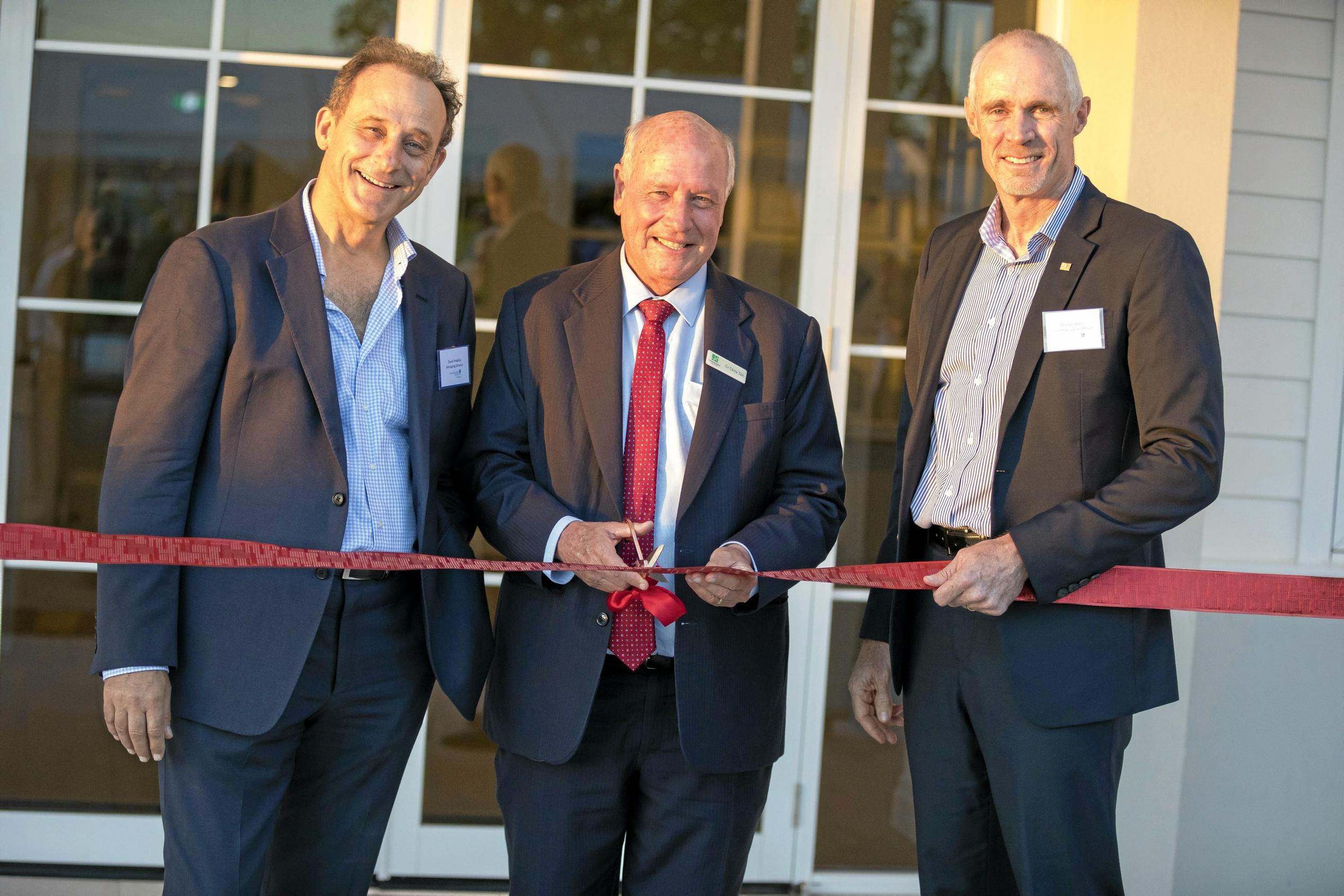 Toowoomba Regional Council's Cr Chris Tait opens the new summer house at Seachange Toowoomba, with Pradella Property Ventures' managing director David Pradella (left) and CEO Warren Harris (right). Picture: DK Photography