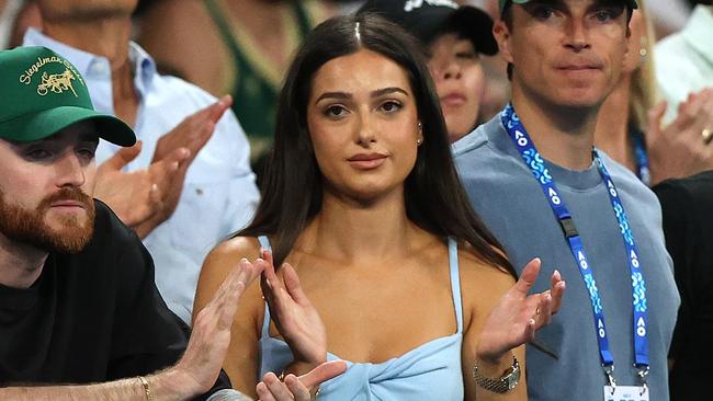 MELBOURNE, AUSTRALIA - JANUARY 13: Costeen Hatzi, girlfriend of Nick Kyrgios, Daniel Horsfall, manager of Nick Kyrgios and Elliot Loney are seen in the Men's Singles First Round match against Jacob Fearnley of Great Britain during day two of the 2025 Australian Open at Melbourne Park on January 13, 2025 in Melbourne, Australia. (Photo by Kelly Defina/Getty Images)