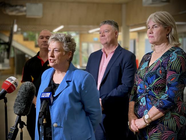 Education Department chief executive Karen Weston, with Education Minister Mark Monaghan and Chief Minister Eva Lawler, announcing the findings of a major review into secondary education in the NT. Picture: Fia Walsh